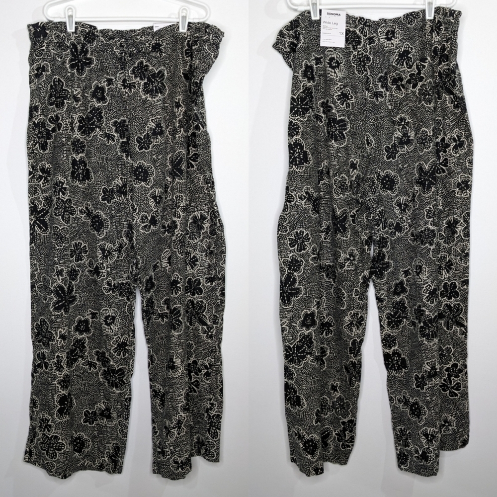 NWT Sonoma black & cream floral wide leg cozy lounge pant 1X